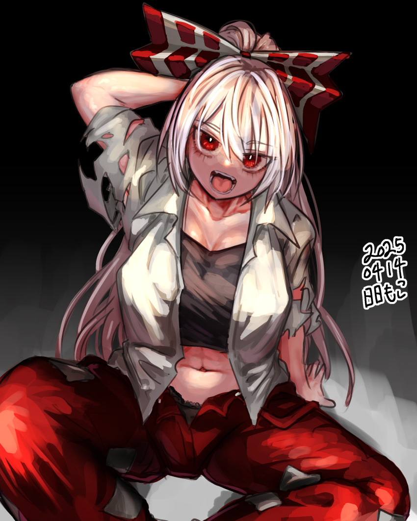 1girl 2025 absurdres baggy_pants breasts dated fujiwara_no_mokou hair_ribbon highres navel neophyte open_mouth pants red_eyes red_pants ribbon solo teeth touhou white_hair