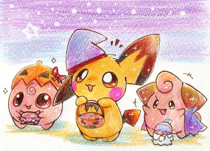 :3 arms_up blue_cape blue_hat bow bucket candy cape cleffa clothed_pokemon commentary_request fang food full_body gen_1_pokemon gen_2_pokemon gen_5_pokemon halloween halloween_bucket halloween_costume hat haunter highres holding holding_bucket igglybuff kirin1204 litwick nintendo no_humans open_mouth pichu pokemon pokemon_(creature) pokemon_focus pumpkin_hat red_bow red_eyes smile sparkle standing star_(symbol) trick_or_treat