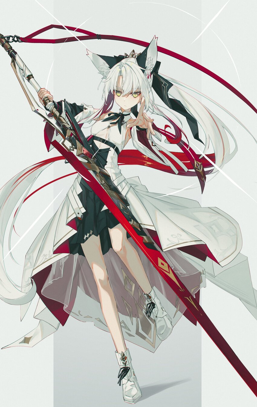 1girl absurdres animal_ear_fluff animal_ears black_hair black_skirt boots bow bowtie collar colored_inner_hair curtained_hair detached_sleeves extra_ears fox_ears fox_girl fox_tail full_body grey_background hair_between_eyes hair_ribbon highres holding holding_sword holding_weapon layered_skirt long_hair long_sleeves looking_at_viewer multicolored_hair nagishiro_mito original overskirt parted_bangs platform_boots pleated_skirt ponytail red_hair ribbon sidelocks simple_background skirt solo sword tail tiara two-tone_background very_long_hair weapon white_background white_boots white_hair white_overskirt wide_sleeves yellow_eyes
