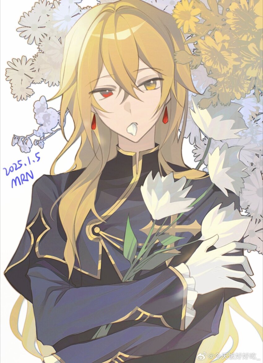 1boy :o arms_across_body black_capelet black_robe black_sleeves blonde_hair capelet crossed_bangs crystal_earrings double-parted_bangs earrings floating_earring flower frilled_sleeves frills gloves hair_between_eyes hair_over_shoulder heterochromia highres jewelry long_hair long_sleeves looking_at_viewer male_focus pandora_hearts parted_lips petal_in_mouth red_eyes robe signature solo straight-on teeth upper_body vincent_nightray watermark weibo_7639801404 weibo_watermark white_background white_flower white_gloves white_petals yellow_eyes yellow_flower