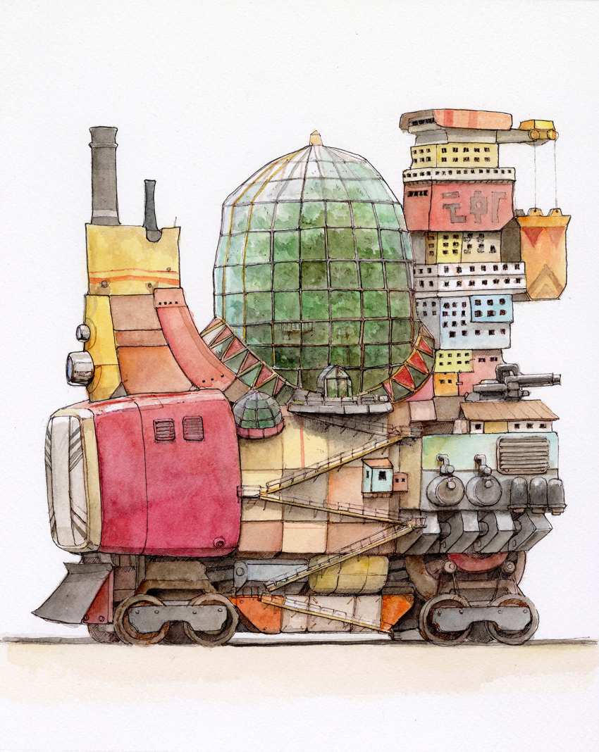 chimney dome greenhouse highres no_humans original ramp simple_background tagme traditional_media tsuboi_hajime vehicle_focus wheel white_background window