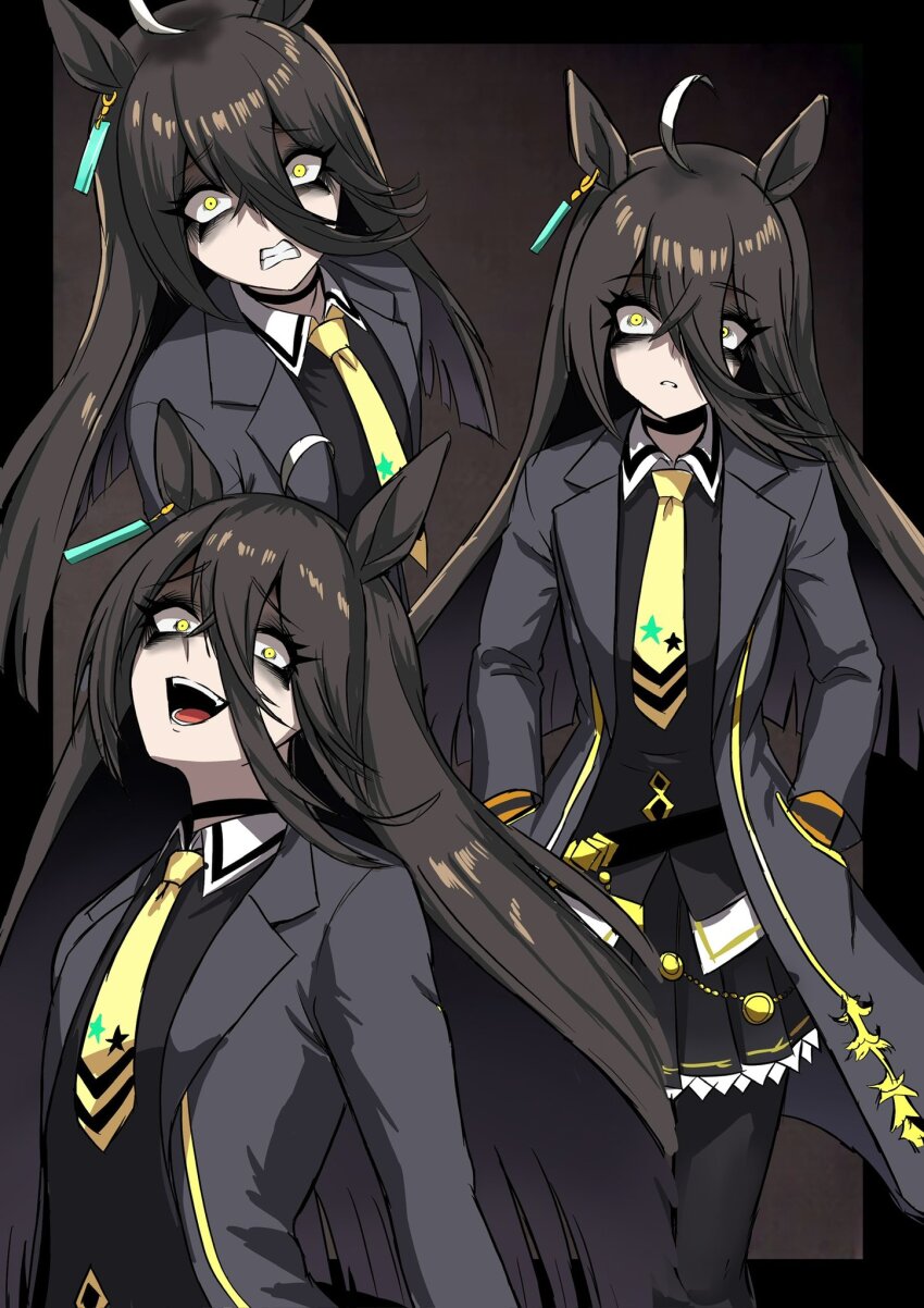 1girl ahoge animal_ears black_coat black_hair black_pantyhose black_skirt clenched_teeth coat collared_shirt commentary_request ear_tag earrings hair_between_eyes hands_in_pockets highres horse_ears horse_girl jewelry long_bangs long_hair long_hair_between_eyes long_sleeves looking_at_viewer manhattan_cafe_(creeping_black)_(umamusume) manhattan_cafe_(umamusume) multicolored_hair nagai_negi necktie open_mouth pantyhose parted_lips shaded_face shirt single_earring skirt smile teeth umamusume very_long_hair white_hair yellow_eyes yellow_necktie