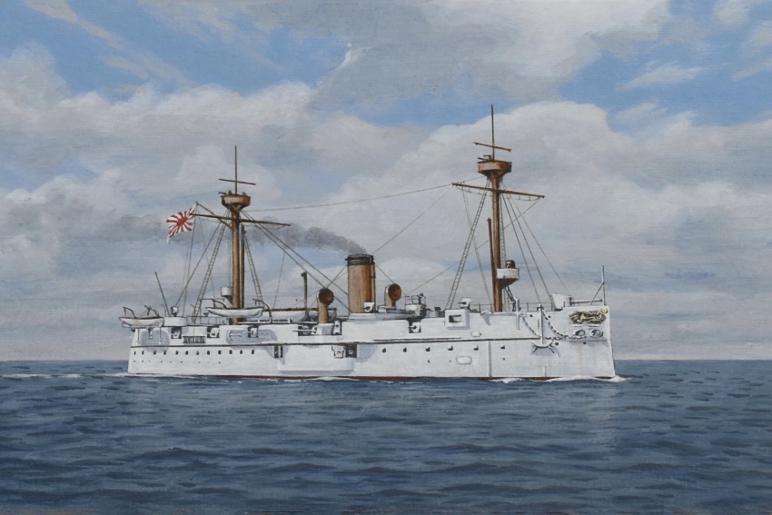 acrylic_paint_(medium) atelier_bono blue_sky cannon cloud cloudy_sky cruiser flag fusou_(ironclad) highres imperial_japanese_navy ironclad mast military_vehicle no_humans ocean original painting_(medium) ship ship_turret sky smokestack traditional_media vehicle_focus warship watercraft weapon