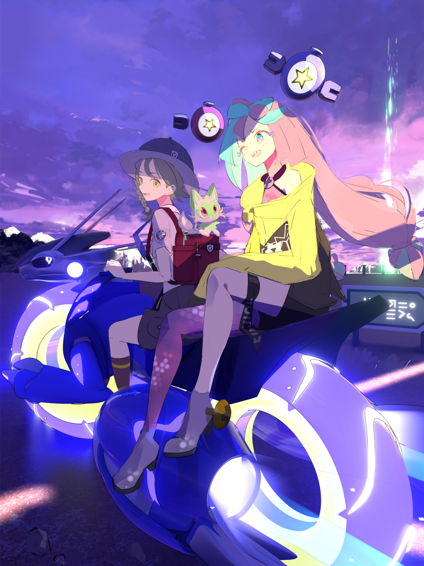 2girls absurdres backpack bad_id bad_twitter_id bag black_sclera blue_hair bow-shaped_hair braid brown_eyes brown_hair character_hair_ornament claws closed_mouth collared_shirt colored_sclera grey_footwear gurumaruhana hair_ornament hat hexagon_print highres iono_(pokemon) jacket juliana_(pokemon) long_hair low-tied_long_hair miraidon multicolored_hair multiple_girls naranja_academy_school_uniform necktie nintendo open_mouth outdoors oversized_clothes pink_eyes pink_hair pokemon pokemon_(creature) pokemon_sv riding school_uniform sharp_teeth shirt short_sleeves single_braid single_leg_pantyhose sky sleeveless sleeveless_shirt sleeves_past_fingers sleeves_past_wrists smile sprigatito teeth twintails two-tone_hair very_long_hair yellow_jacket
