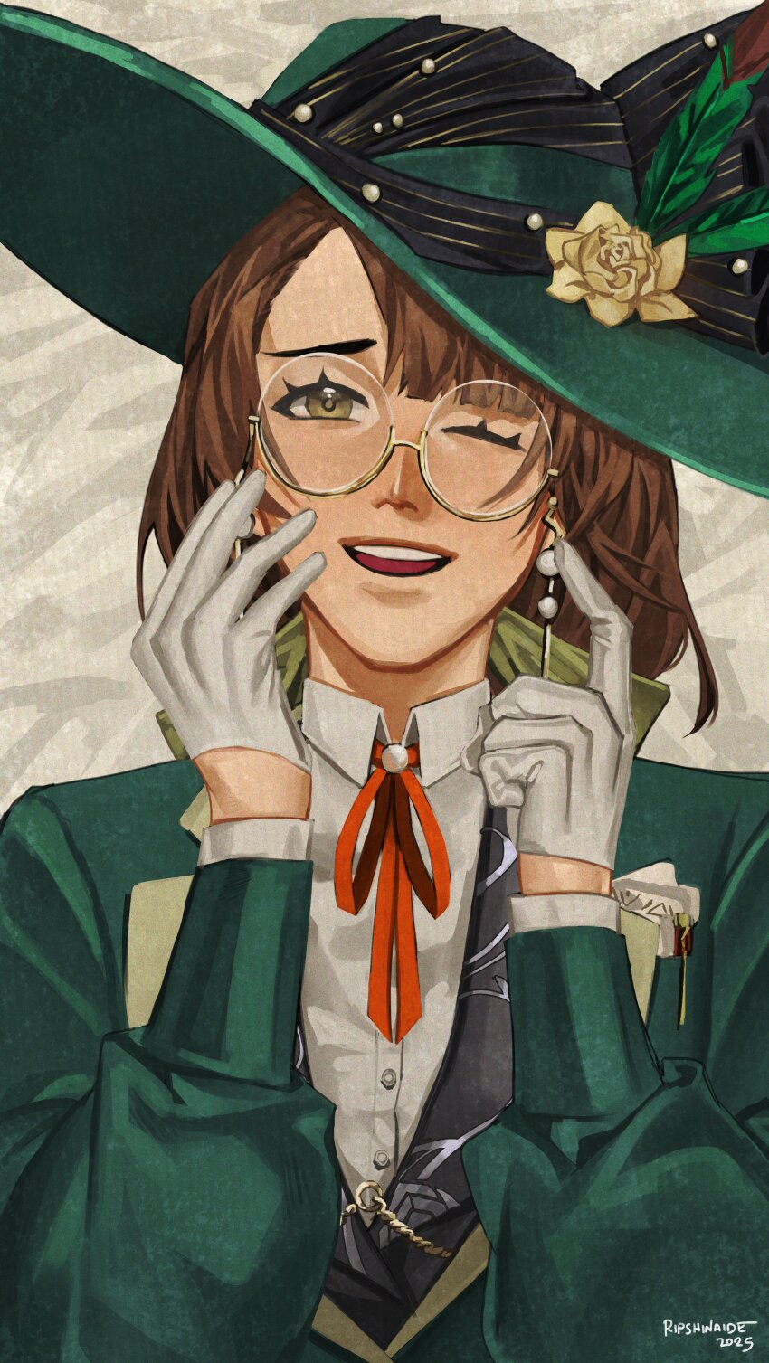 1girl 2025 ;d absurdres artist_name bow brown_hair collared_shirt eyewear_strap feathers finger_to_cheek flower glasses gloves green_eyes green_feathers green_hat green_jacket grey_background hair_bow hands_up hat hat_feather hat_flower highres jacket kakania_(reverse:1999) long_sleeves neck_ribbon one_eye_closed open_mouth picture_hat red_ribbon reverse:1999 ribbon ripshinaide round_eyewear shirt smile solo teeth upper_body upper_teeth_only white_gloves white_shirt yellow_bow yellow_flower