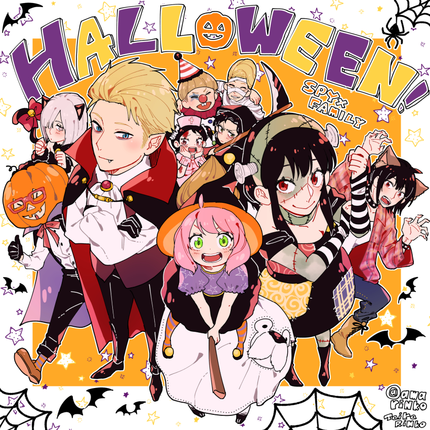 4girls 6+boys absurdres ahoge animal_ears anya_(spy_x_family) awarinko becky_blackbell black_coat black_dress black_gloves black_hair black_pants black_skirt blonde_hair blue_eyes bond_(spy_x_family) border cat_ears cat_tail closed_eyes closed_mouth clown clown_nose coat copyright_name cosplay crossed_arms damian_desmond death_(entity) dog dracula dracula_(cosplay) dress emile_elman english_text ewen_egeburg fake_animal_ears fake_tail fiona_frost frankenstein&#039;s_monster frankenstein&#039;s_monster_(cosplay) franky_franklin glasses gloves green_eyes grim_reaper grim_reaper_(cosplay) halloween halloween_costume hat highres holding holding_scythe long_sleeves looking_at_viewer multiple_boys multiple_girls mummy_costume nurse open_mouth orange_background orange_thighhighs pants pink_hair pointy_ears pumpkin_hat purple_eyes purple_hair purple_thighhighs red_eyes scythe shirt short_sleeves skirt smile spy_x_family standing striped_clothes striped_thighhighs suspenders tail thighhighs thumbs_up twilight_(spy_x_family) werewolf_costume white_border white_shirt witch witch_hat wolf_ears yor_briar yuri_briar
