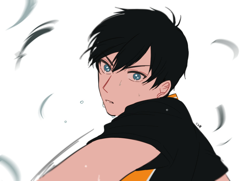 1boy black_feathers black_hair blue_eyes com_(com0107) commentary falling_feathers feathers flying_sweatdrops haikyuu!! hair_between_eyes kageyama_tobio karasuno_volleyball_uniform looking_at_viewer male_focus motion_lines multicolored_clothes multicolored_shirt parted_lips short_hair simple_background solo sportswear sweat sweatdrop upper_body volleyball_uniform white_background