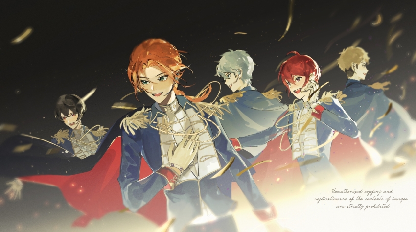 5boys :d aiguillette black_background ensemble_stars! epaulettes gloves green_eyes hair_between_eyes hand_on_own_chest highres jacket knights_(ensemble_stars!) long_hair long_sleeves male_focus microphone military_jacket military_uniform multiple_boys narukami_arashi open_mouth orange_hair purple_eyes red_hair sakuma_ritsu sena_izumi_(ensemble_stars!) short_hair shule_de_yu simple_background smile suou_tsukasa tsukinaga_leo white_gloves