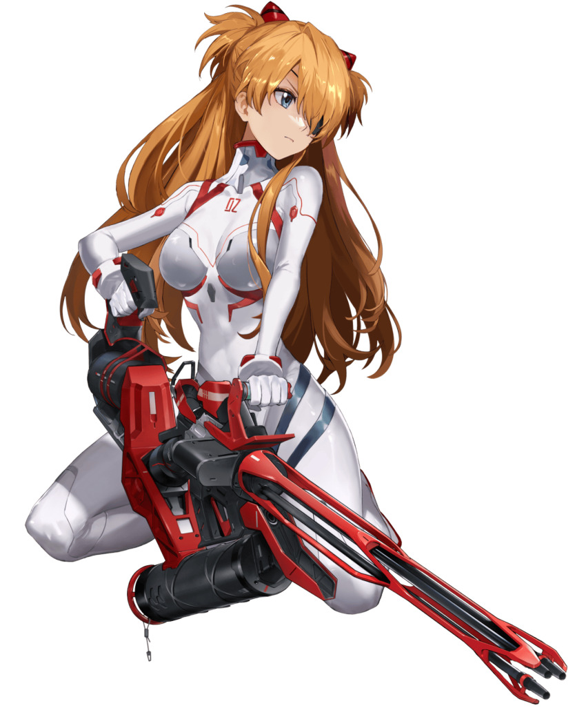 1girl :&lt; artist_collaboration blue_eyes bodysuit breasts brown_hair curvy evangelion:_3.0+1.0_thrice_upon_a_time eyepatch goddess_of_victory:_nikke highres holding holding_weapon interface_headset_(evangelion) long_hair mecha_pilot_suit neon_genesis_evangelion official_art plugsuit_(evangelion) rebuild_of_evangelion serious shiny_clothes simple_background skin_tight souryuu_asuka_langley squatting third-party_edit transparent_background two_side_up very_long_hair weapon white_bodysuit wide_hips