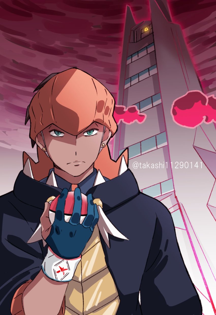 1boy black_hoodie closed_mouth collared_shirt commentary_request dark-skinned_male dark_skin duraludon dynamax_band earrings frown gen_8_pokemon gigantamax gigantamax_duraludon gloves green_eyes headband highres holding holding_poke_ball hood hood_down hoodie jewelry male_focus nintendo orange_headband partially_fingerless_gloves poke_ball poke_ball_(basic) pokemon pokemon_(creature) pokemon_swsh raihan_(pokemon) shinohara_takashi shirt short_hair twitter_username watermark