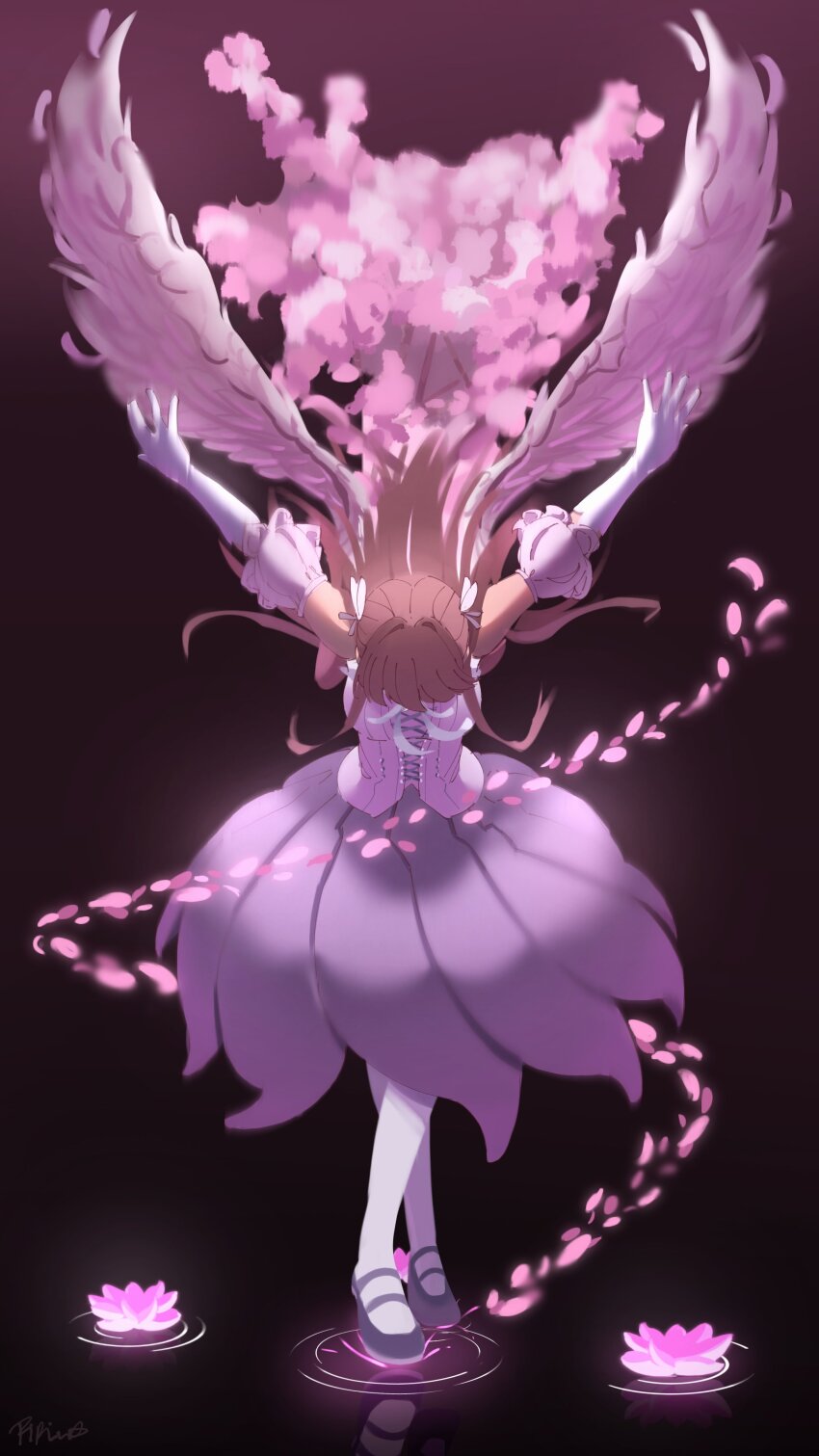 1girl absurdres aurora_flower_(love_live!) black_shoes butterfly_hair_ornament commentary_request cross-laced_clothes cross-laced_top crossed_legs detached_sleeves elbow_gloves flower full_body gloves hair_ornament highres hinoshita_kaho link!_like!_love_live! long_hair lotus love_live! official_alternate_costume orange_hair pantyhose pink_flower pink_petals pink_skirt piririi puffy_short_sleeves puffy_sleeves shirt shoes short_sleeves signature skirt sleeveless sleeveless_shirt solo standing standing_on_liquid virtual_youtuber watson_cross white_gloves white_pantyhose white_shirt white_wings wings
