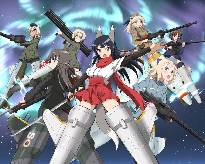 507th_joint_fighter_wing 6+girls anabuki_tomoko animal_ears aqua_eyes black_hair blonde_hair blue_eyes brown_eyes brown_hair elizabeth_f._beurling elma_leivonen giuseppina_ciuinni glasses green_eyes gun hat highres kaneko_(novram58) katana katharine_o&#039;hare long_hair machine_gun military military_hat military_uniform multiple_girls night open_mouth ponytail rifle sakomizu_haruka serious short_hair strike_witches strike_witches:_suomus_misfits_squadron striker_unit sword tail tan teeth ursula_hartmann weapon world_witches_series