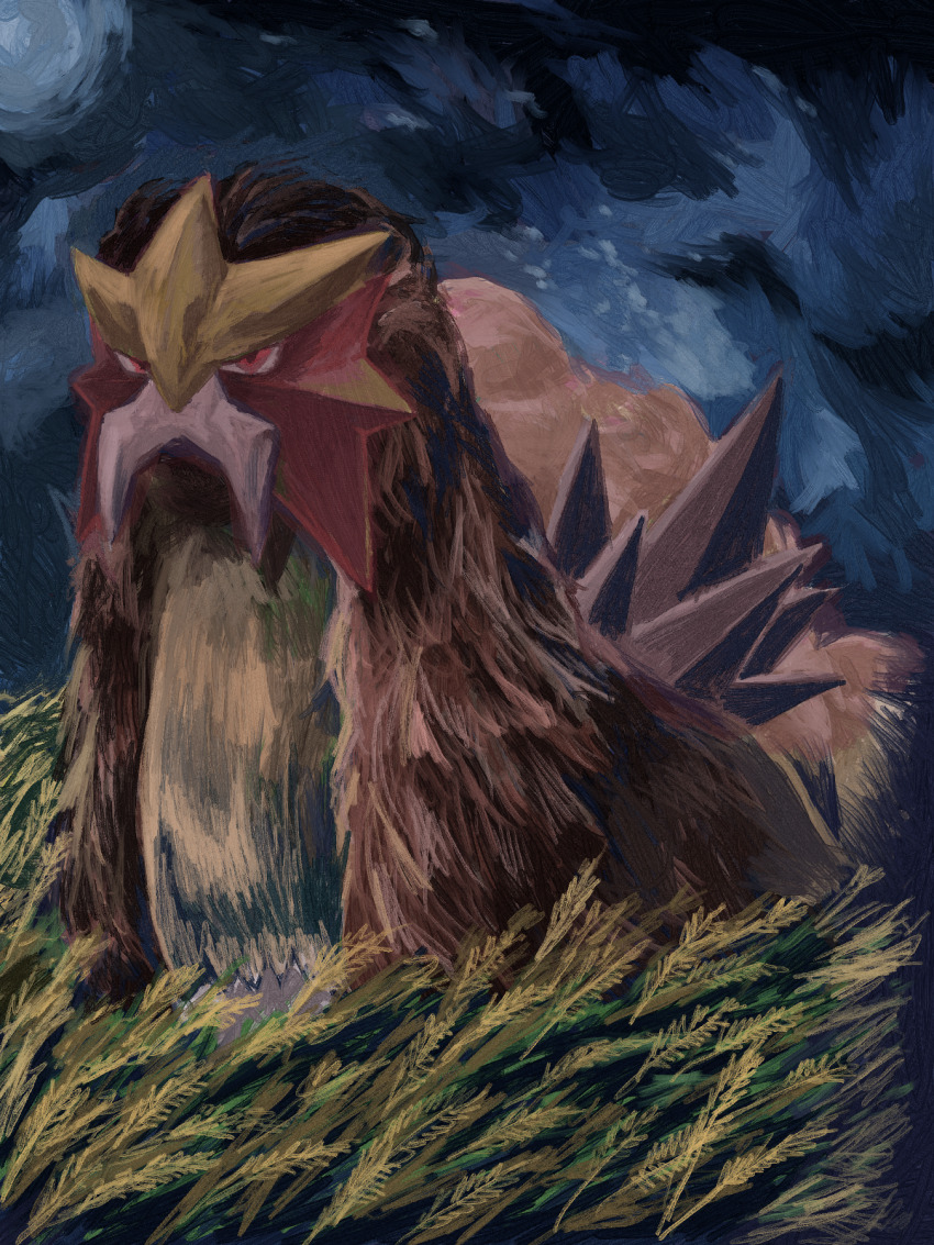 animal_focus entei gen_2_pokemon grass highres kurashina_(krsn_poke324) legendary_pokemon nintendo no_humans pokemon pokemon_(creature) red_eyes serious simple_background solo spikes