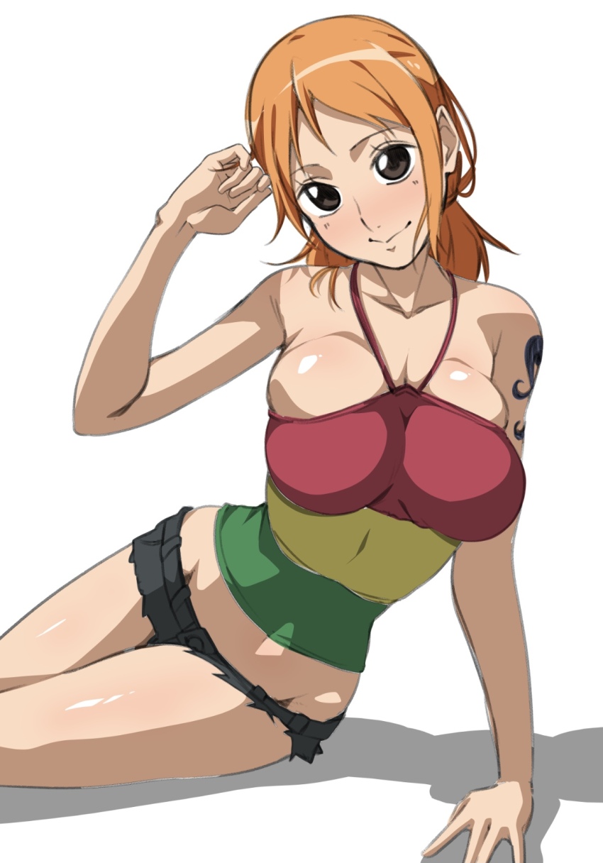 1girl arm_support bare_arms bare_legs bare_shoulders blush breasts brown_eyes closed_mouth collarbone commentary cropped_shirt denim denim_shorts feet_out_of_frame groin halterneck hand_up head_tilt highres large_breasts looking_at_viewer low_twintails medium_hair midriff_peek monya_monya_(tmsc7752) multicolored_shirt nami_(one_piece) narrow_waist navel official_alternate_costume one_piece one_piece:_strong_world orange_hair shirt short_shorts shorts shoulder_tattoo sitting skin_tight skindentation smile solo tattoo tight_clothes tight_shirt twintails white_background yokozuwari
