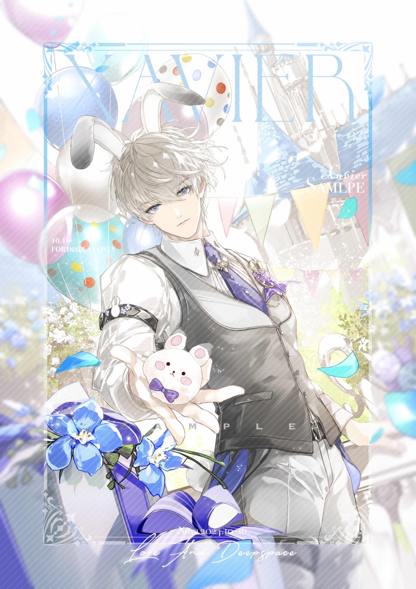 1boy absurdres animal animal_ears balloon blue_eyes blue_flower blurry_border box building character_name chinese_commentary closed_mouth collared_shirt copyright_name cowboy_shot dated day falling_petals flower gift gift_box giving grey_hair grey_vest hair_between_eyes highres holding holding_animal holding_rabbit holding_stuffed_toy lapel_pin lapels light_smile long_sleeves looking_at_viewer love_and_deepspace male_focus necktie nnnnnova pants petals procreate_(medium) purple_necktie purple_ribbon rabbit rabbit_ears rabbit_tail ribbon shawl_lapels shirt short_hair sleeve_garter solo standing stuffed_animal stuffed_rabbit stuffed_toy tail thigh_strap vest white_flower white_pants white_shirt xavier_(love_and_deepspace)