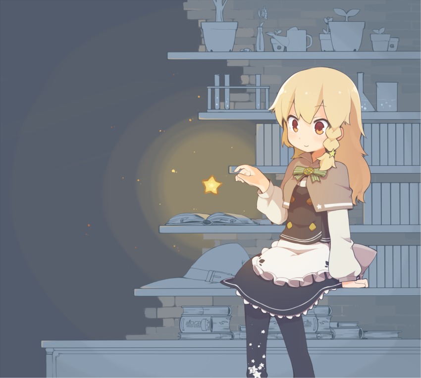 1girl apron beaker blonde_hair book bookshelf braid chemistry_set female_focus hair_ornament hat highres kirisame_marisa long_hair pantyhose plant potted_plant sitting solo star_(symbol) star_hair_ornament tekka_maki_(wafuu-bune) test_tube test_tube_rack touhou unworn_hat unworn_headwear watering_can yellow_eyes