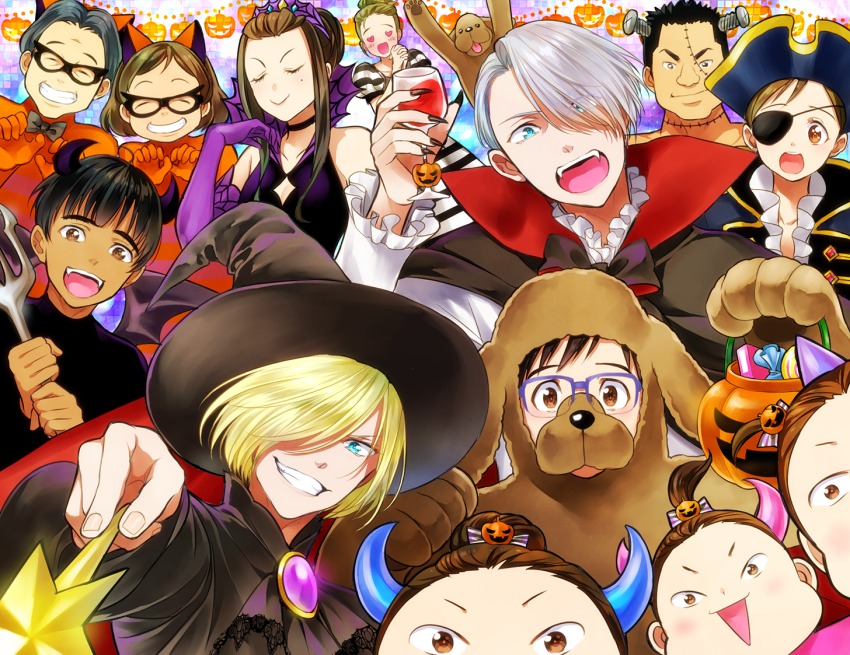 6+boys 6+girls ^_^ alcohol animal_costume black_hair blonde_hair blue-framed_eyewear blue_eyes bolt_(hardware) bow bowtie brown_eyes brown_hair candy cape closed_eyes cup demon_horns demon_wings dog dog_costume drinking_glass elbow_gloves eyepatch fake_horns fangs fingernails food glasses gloves grin hair_bun hair_ornament hair_over_one_eye halloween hat heart heart-shaped_eyes horns jack-o&#039;-lantern jack-o&#039;-lantern_hair_ornament katsuki_hiroko katsuki_mari katsuki_toshiya katsuki_yuuri kisaragi_mizu makkachin mole mole_under_eye multiple_boys multiple_girls nishigoori_axel nishigoori_loop nishigoori_lutz nishigoori_takeshi nishigoori_yuuko okukawa_minako open_mouth own_hands_clasped own_hands_together phichit_chulanont pirate_hat ponytail purple_gloves sharp_fingernails silver_hair single_hair_bun smile viktor_nikiforov wand wine wine_glass wings witch_hat yuri!!!_on_ice yuri_plisetsky