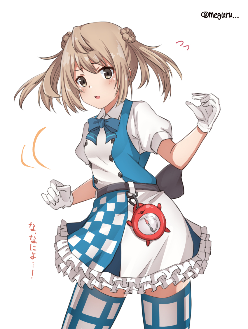 1girl abyssal_ship apron blue_neckwear checkered_apron checkered_clothes compass double_bun dress enemy_lifebuoy_(kancolle) female_focus flying_sweatdrops frilled_dress frills gloves hair_bun highres kantai_collection light_brown_hair looking_at_viewer meguru_(megurunn) michishio_(adventures_in_wonderland)_(kancolle) michishio_(kancolle) plaid_clothes plaid_legwear short_sleeves short_twintails simple_background solo thighhighs translation_request twintails twitter_username two-tone_background two-tone_dress white_background white_gloves yellow_eyes