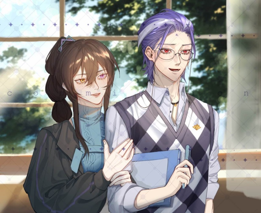 1boy 1girl black_jacket black_sweater_vest blue_sky blue_sweater brown_hair cable_knit chinese_commentary collared_shirt commentary_request commission day eyewear_strap glasses hair_between_eyes hair_ornament hand_on_another&#039;s_arm height_difference indoors jacket jewelry jiangyueegoshi lapels long_hair multi-tied_hair necklace open_clothes open_jacket open_mouth original plaid_clothes plaid_sweater_vest purple_hair red_eyes shirt sidelocks sky sleeveless sleeveless_sweater sleeves_rolled_up smile sweater sweater_vest turtleneck turtleneck_sweater upper_body watermark watermark_grid white_shirt window