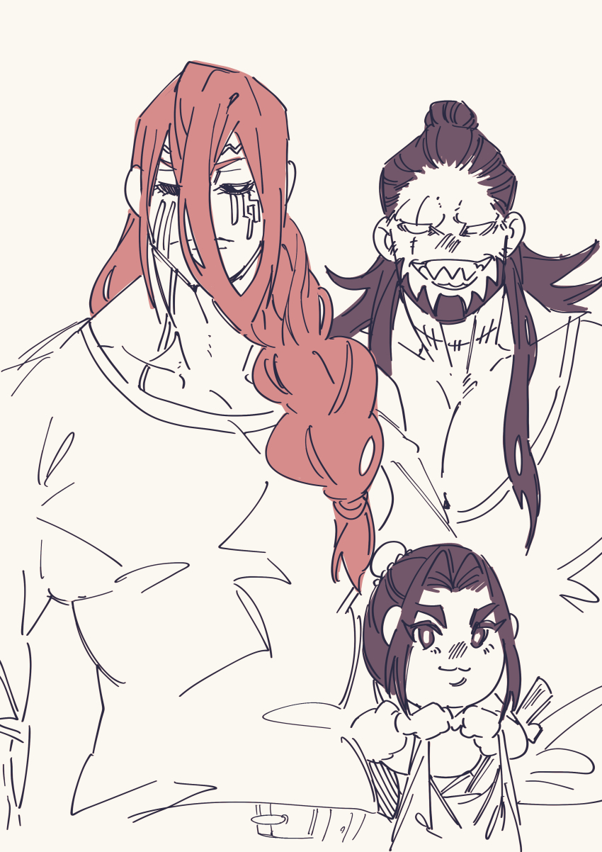 3boys :3 abs absurdres alternate_hairstyle bara beard belt black_hair black_sclera braid cheek_tattoo chest_tattoo child closed_mouth colored_sclera covered_pectorals evil_grin evil_smile facial_hair facial_tattoo forehead_tattoo frown goatee grin hair_between_eyes hair_bun hair_over_shoulder highres huge_pectorals jitome large_pectorals long_hair lu_bu_(shuumatsu_no_valkyrie) male_focus multiple_boys muscular muscular_male nanako_nuchitsu no_pupils pectorals pupiless_eyes red_hair scar scar_across_eye scar_on_face scar_on_neck sharp_teeth shirt shuumatsu_no_valkyrie smile t-shirt tattoo teeth thor_(shuumatsu_no_valkyrie) toned toned_male topknot upper_body very_long_hair white_background