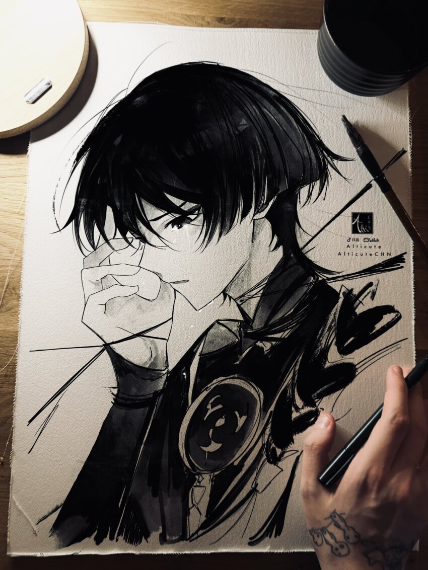 1boy alticute armor art_tools_in_frame artist&#039;s_hand_in_frame artist_name bilibili_logo blunt_ends calligraphy_brush_(medium) cropped_torso eyelashes genshin_impact greyscale hand_up highres japanese_armor japanese_clothes jewelry kimono kote looking_down male_focus mandarin_collar mitsudomoe_(shape) monochrome neck_ring open_clothes open_kimono open_mouth photo_(medium) portrait rope scaramouche_(genshin_impact) shimenawa sideways_mouth solo tears tiktok_logo tomoe_(symbol) traditional_media