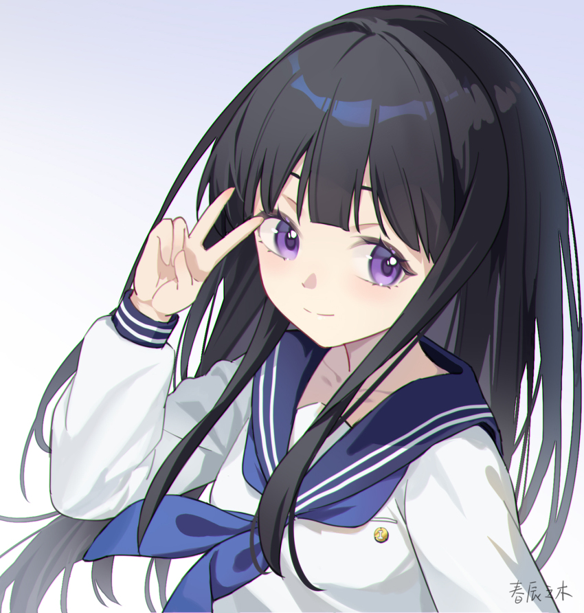 1girl arm_up black_hair blue_neckerchief blue_sailor_collar chitanda_eru chromatic_aberration closed_mouth commentary_request harutatsunoki highres hyouka kamiyama_high_school_uniform_(hyouka) long_hair long_sleeves looking_at_viewer neckerchief purple_eyes sailor_collar school_uniform shirt simple_background smile solo upper_body v white_background white_shirt