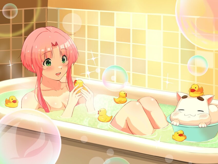 1girl andanden aria_(manga) bath bathing bathtub blush breasts cat closed_eyes collarbone green_eyes hands_up highres holding indoors knees_up mizunashi_akari nude open_mouth parted_bangs partially_submerged pink_hair rubber_duck short_hair_with_long_locks small_breasts soap_bubbles sparkle teeth tile_wall tiles upper_teeth_only white_cat