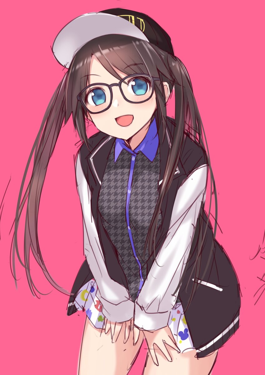 1girl absurdres baseball_cap black_hair black_jacket blue_eyes blush breasts brown-framed_eyewear cowboy_shot dot_nose glasses hands_on_own_thighs hat highres hiraga_matsuri idolmaster idolmaster_shiny_colors jacket leaning_forward long_hair long_sleeves looking_at_viewer miniskirt mitsumine_yuika open_clothes open_jacket open_mouth pink-backed_pelican_(kemono_friends) simple_background skirt small_breasts smile solo standing twintails two-tone_shirt white_skirt