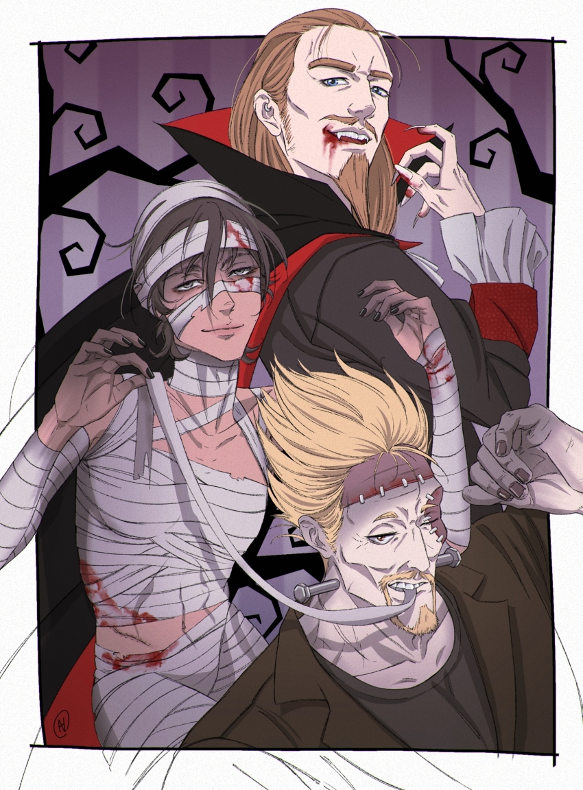 3boys asgeir bare_tree beard black_hair black_nails black_shirt blonde_hair blood blood_on_face blood_on_mouth brown_hair character_request cheekbones cosplay dracula dracula_(cosplay) facial_hair frankenstein&#039;s_monster frankenstein&#039;s_monster_(cosplay) hair_between_eyes hair_over_one_eye halloween hand_up haneen_(7anenoh) highres looking_at_viewer male_focus multiple_boys mummy_costume mustache object_through_head screw_in_head shirt stitches thick_eyebrows thorkell tree vinland_saga zombie