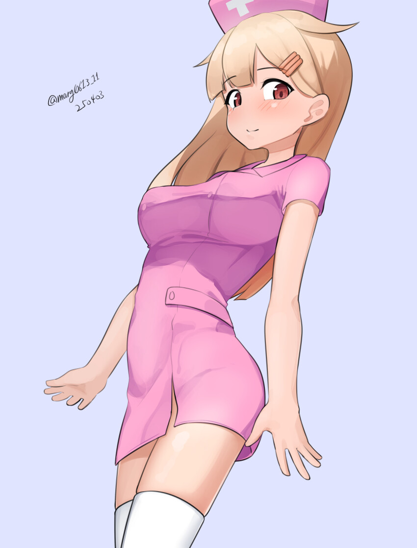 1girl absurdres alternate_costume blonde_hair blue_background breasts dated dress hair_flaps hair_ornament hairclip hat highres kantai_collection large_breasts long_hair maru_(marg0613) nurse nurse_cap one-hour_drawing_challenge pink_dress pink_hat red_eyes solo standing thighhighs twitter_username white_thighhighs yuudachi_(kancolle) yuudachi_kai_ni_(kancolle)