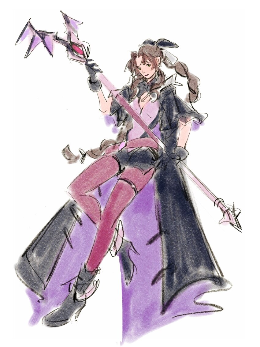 absurdres aerith_gainsborough aerith_gainsborough_(bahamut_robe) armor belt black_boots black_capelet black_coat black_gloves black_ribbon black_romper boots braid braided_ponytail breastplate breasts brown_belt brown_hair capelet coat final_fantasy final_fantasy_vii final_fantasy_vii:_ever_crisis floating full_body gloves hair_ribbon highres holding holding_staff long_coat long_hair loose_belt medium_breasts mmariesr official_alternate_costume pantyhose parted_lips purple_pantyhose ribbon romper sidelocks single_braid sketch sleeveless sleeveless_coat staff thigh_strap