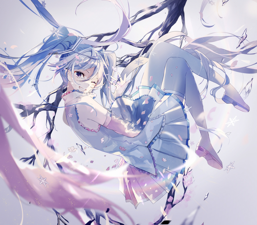 1girl blush cherry_blossoms hatsune_miku highres mamenomoto smile snowflakes solo vocaloid