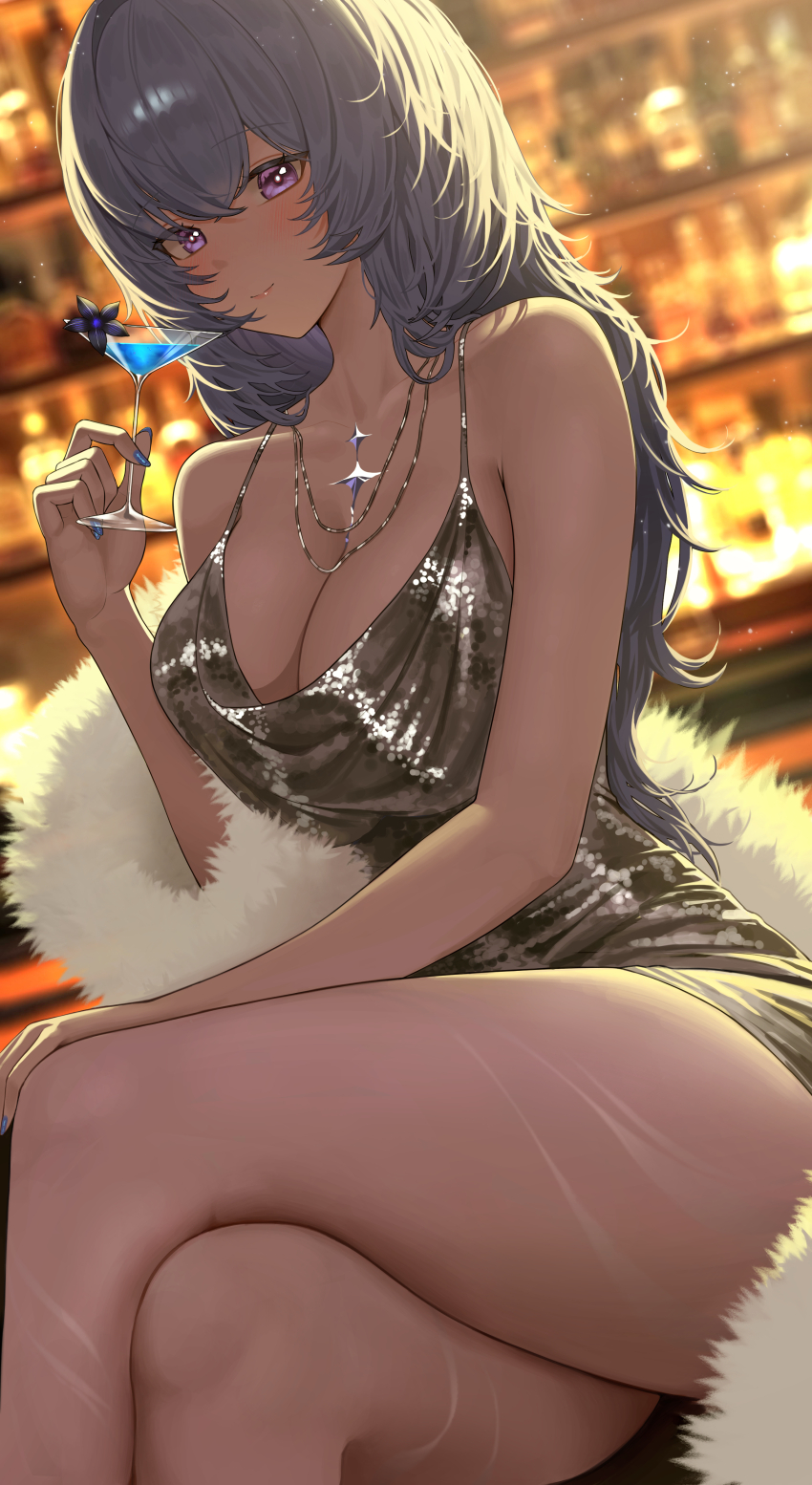 1girl absurdres alternate_costume alternate_hair_length alternate_hairstyle bar_(place) bare_shoulders black_flower blake_bloom_(wuthering_waves) blue_hair blurry blurry_background breasts closed_mouth commentary crossed_legs cup dang_geun23283 dress drinking_glass evening_gown feet_out_of_frame flower hair_between_eyes highres holding holding_cup jewelry large_breasts long_hair looking_at_viewer necklace purple_eyes shorekeeper_(wuthering_waves) smile solo thighs very_long_hair wuthering_waves