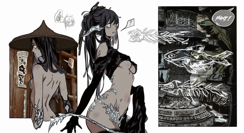 ... 2girls ? bare_shoulders black_hair black_shirt black_thighhighs breasts cleavage clothing_cutout crop_top demonerith english_text extreme_crop_top fish fish_skeleton hair_over_shoulder hat highres long_hair long_sleeves midriff multiple_girls navel original ponytail revealing_clothes rice_hat shirt shoulder_cutout spoken_ellipsis spoken_question_mark thighhighs topless_female underboob upper_body white_background