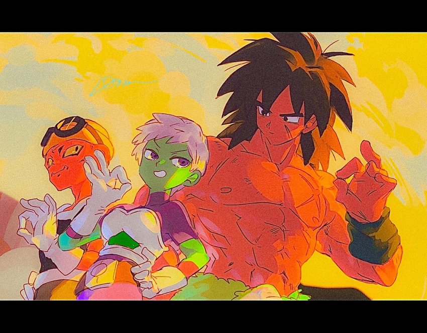 1girl 2boys abs armor backlighting beanie belt black_belt black_eyes black_hair bodysuit breasts broly_(dragon_ball_super) cheelai clenched_teeth closed_mouth cloud cloudy_sky colored_sclera colored_skin commentary day domu_(hamadura) dragon_ball dragon_ball_super dragon_ball_super_broly expressionless facial_scar facing_viewer gloves goggles goggles_on_head green_skin grey_hair grin hand_on_own_hip hand_up hat lemo_(dragon_ball) letterboxed light_smile lineup looking_at_another looking_back looking_down medium_breasts medium_hair multiple_boys muscular muscular_male nipples ok_sign orange_skin outdoors pectorals purple_bodysuit purple_eyes scar scar_on_cheek scar_on_chest scar_on_face short_hair signature sky smile spiked_hair sunlight symbol-only_commentary teeth topless_male tsurime v-shaped_eyebrows very_short_hair white_gloves wristband yellow_headwear yellow_sclera yellow_sky
