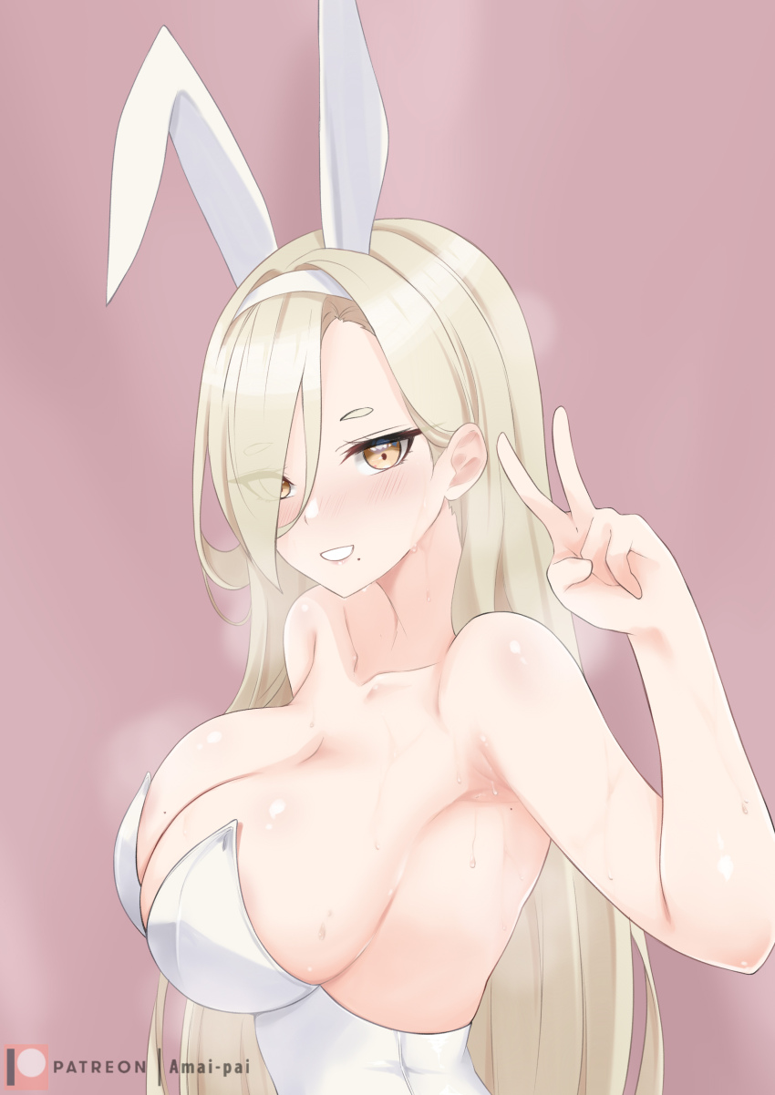 1girl absurdres amai-pai animal_ears arm_up bare_shoulders blonde_hair blue_archive blush breasts cleavage collarbone commentary english_commentary eyelashes hair_over_one_eye headband highres kaho_(blue_archive) leotard long_hair looking_at_viewer medium_breasts mole mole_under_mouth patreon_logo patreon_username pink_background playboy_bunny profile rabbit_ears simple_background steam steaming_body sweat upper_body v white_leotard yellow_eyes