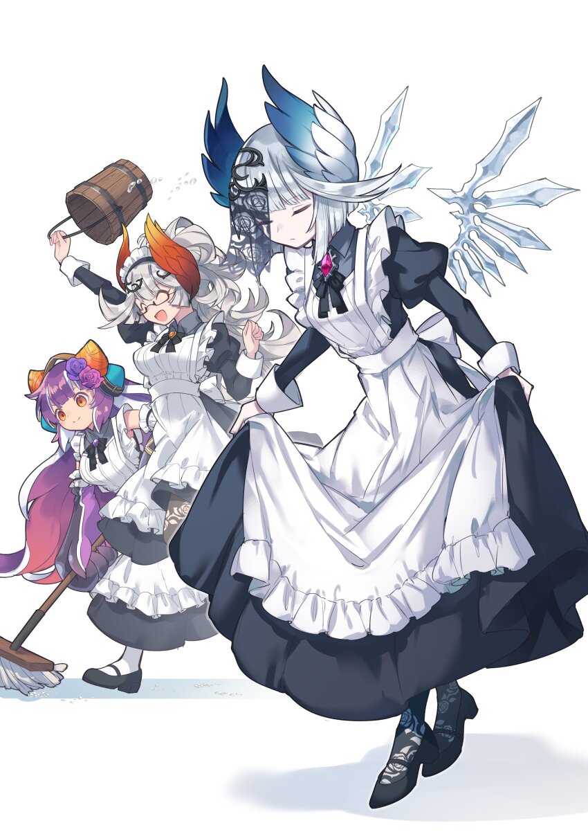 3girls absurdres apron black_dress bowing bucket closed_eyes clothes_lift dress frilled_apron frills glasses grey_hair grey_wings head_wings highres holding holding_mop horns kuuron_(moesann17) long_hair maid maid_apron maid_headdress mop multicolored_hair multiple_girls open_mouth orange_wings orya_(p&amp;d) ponno_(p&amp;d) puffy_sleeves purple_hair puzzle_&amp;_dragons reeche_(p&amp;d) running simple_background skirt skirt_lift smile streaked_hair veil veil_over_one_eye very_long_hair white_apron white_background white_hair wings wooden_bucket