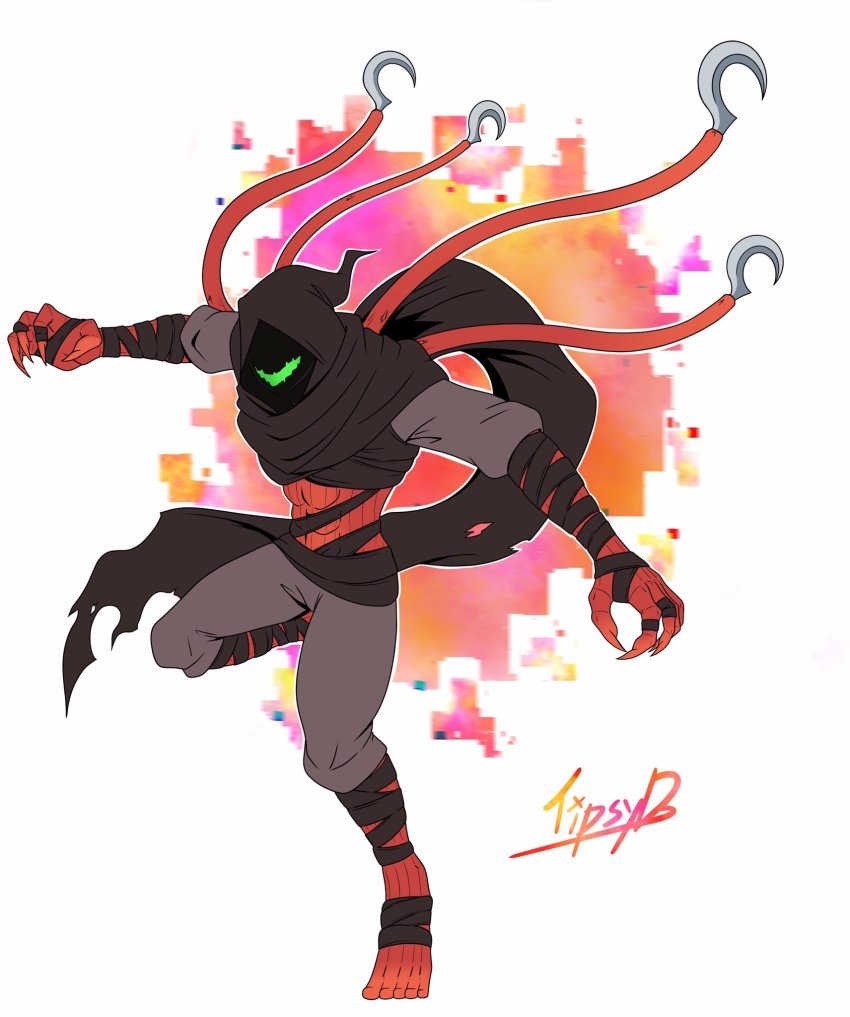 bandages barefoot d-reaper digimon highres hood original reaper_(digimon) scythe smile tentacles