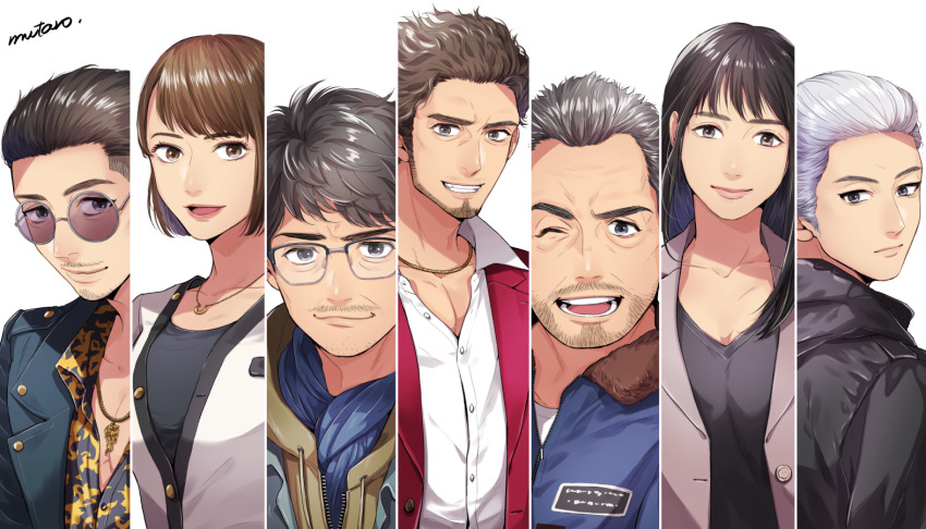 2girls 5boys adachi_koichi beard black_eyes black_hair black_jacket black_shirt blue_jacket brown_hair closed_mouth collarbone column_lineup facial_hair fur_collar glasses goatee grey_hair hair_slicked_back han_joon-gi hood hood_down jacket jewelry kamataki_eri kasuga_ichiban long_hair mukoda_saeko multiple_boys multiple_girls mustache mutarou_(mu) nanba_yu necklace one_eye_closed open_mouth partially_unbuttoned red_jacket round_eyewear ryuu_ga_gotoku_(series) ryuu_ga_gotoku_7 shirt short_hair simple_background smile sunglasses upper_body white_background white_hair white_jacket white_shirt zhao_tianyou