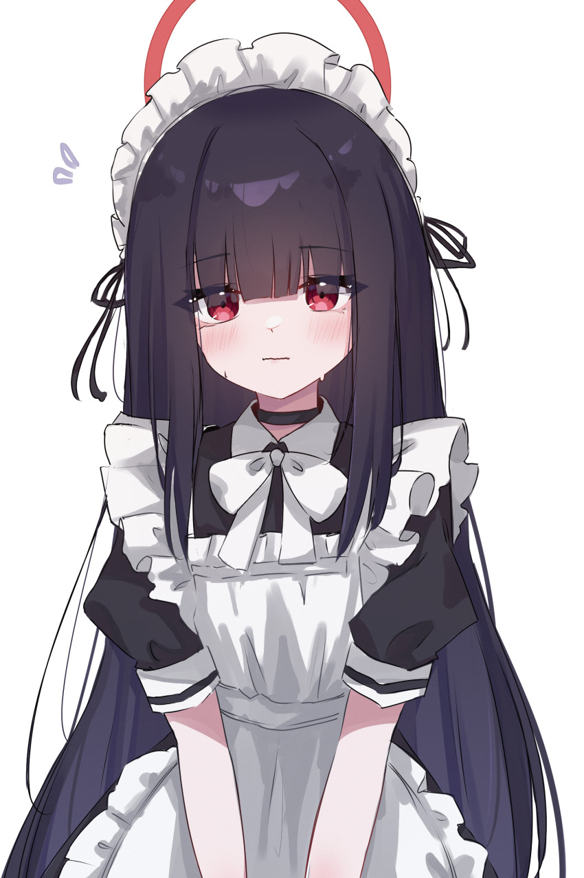 1girl absurdres alternate_costume apron black_dress black_hair blue_archive blunt_bangs blush bow closed_mouth dress hair_over_eyes hairband highres justice_task_force_member_(blue_archive) long_hair looking_at_viewer maid maid_apron maid_headdress red_eyes tah_noey upper_body white_apron white_bow white_hairband