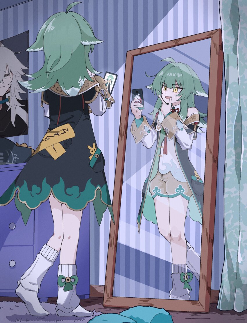 1girl absurdres ahoge animal_ears brown_shorts cellphone fox_ears fox_girl green_hair green_jacket highres holding holding_phone honkai:_star_rail honkai_(series) huohuo_(honkai:_star_rail) indoors jacket jing_yuan leg_warmers long_hair mirror phone pianobat possessed possession reflection shirt shorts smartphone socks solo standing tail_(honkai:_star_rail) white_leg_warmers white_shirt white_socks yellow_eyes