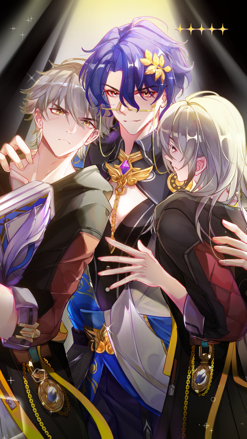 1girl 2boys absurdres black_jacket black_pants black_shirt blush caelus_(honkai:_star_rail) diamond_cutout dr._ratio_(honkai:_star_rail) glasses grey_hair hair_between_eyes highres holding honkai:_star_rail honkai_(series) jacket jewelry long_hair long_sleeves multiple_boys pants purple_hair red_eyes scar scar_on_face shenjudongmandabanban shirt short_hair stelle_(honkai:_star_rail) trailblazer_(honkai:_star_rail) yellow_eyes