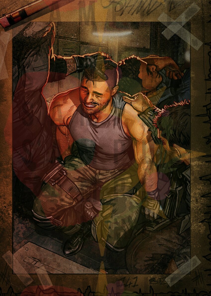 4boys absurdres bara black_gloves black_hair black_jacket black_pants call_of_duty call_of_duty:_modern_warfare_2 camouflage camouflage_pants closed_eyes dark-skinned_male dark_skin facial_hair gaz_(call_of_duty_4) ghost_(modern_warfare_2) gloves green_pants grey_tank_top highres jacket large_pectorals looking_at_another male_focus mask multiple_boys muscular muscular_male open_mouth pants pectorals second-party_source short_hair sitting skull_mask smile soap_(modern_warfare_2) tank_top umikochannart