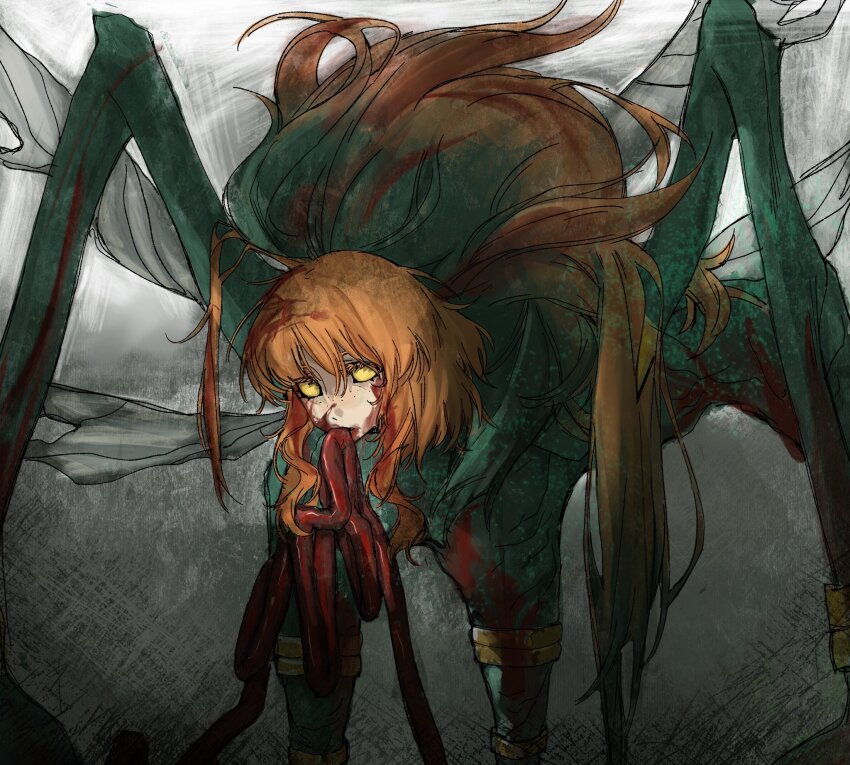 1girl armlet blood blood_in_hair blood_on_face colored_sclera e.g.o_(project_moon) fairy_festival fairy_wings freckles gradient_hair green_hair highres humian0101 intestines ishmael_(project_moon) jewelry limbus_company long_hair looking_at_viewer monster multicolored_hair multiple_legs murder no_pupils orange_hair project_moon sidelocks solo very_long_hair wingbeat_(e.g.o) wings yellow_sclera