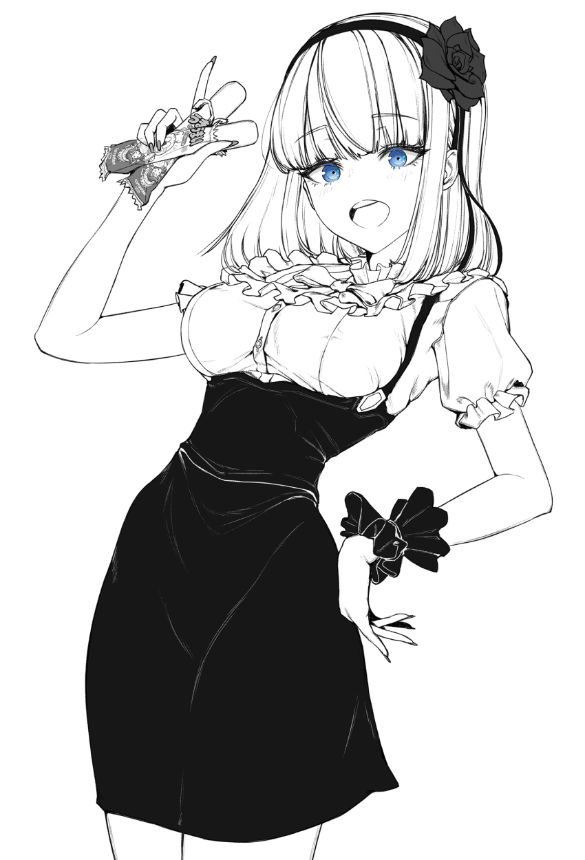 1girl :d black_flower black_hairband black_pantyhose black_rose black_skirt blue_eyes blush bob_cut bow bowtie breasts cowboy_shot dagashi_kashi flower food frilled_shirt frilled_sleeves frills greyscale hair_between_eyes hair_ornament hairband hancho hand_up high-waist_skirt highres holding holding_food large_breasts lineart looking_at_viewer monochrome open_mouth pantyhose puffy_short_sleeves puffy_sleeves ringed_eyes rose round_teeth shidare_hotaru shirt short_hair short_sleeves simple_background sketch skirt smile snack solo_focus teeth umaibou upper_body white_background white_shirt wrist_cuffs wristband