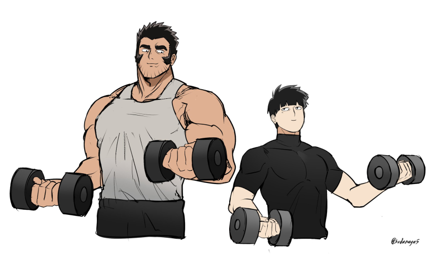 2boys artist_name black_hair black_shirt dark-skinned_male dark_skin exercising friends gouda_musashi highres kageyama_shigeo male_focus mob_psycho_100 multiple_boys muscular muscular_male sadynsava shirt short_hair signature simple_background sleeveless sleeveless_shirt training weightlifting