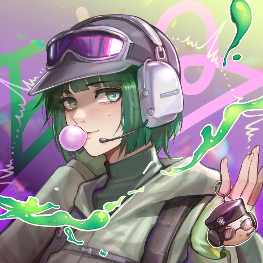 1girl ash_(rainbow_six_siege) baseball_cap black_hat blowing_bubble_gum blowing_bubbles charm_(object) chewing_gum ela_(rainbow_six_siege) fingerless_gloves gloves goggles goggles_on_headwear green_eyes green_hair hairtail hat headphones highres long_sleeves looking_at_viewer mole mole_under_eye rainbow_six_siege smile solo upper_body
