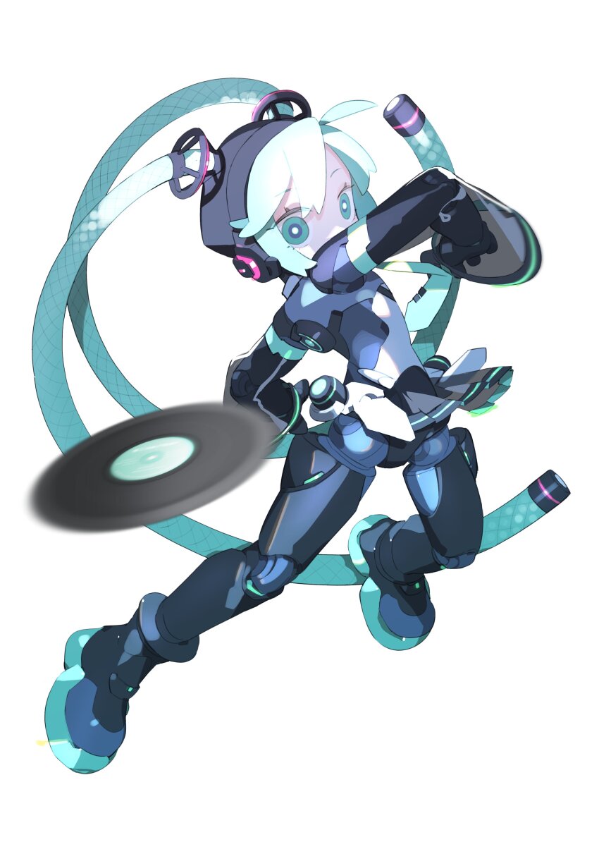 1girl absurdly_long_hair absurdres android aqua_eyes aqua_hair aqua_necktie bare_shoulders cable_hair cheri_zao cyber_fashion derivative_work full_body glowing glowing_eyes grey_shirt hashtag-only_commentary hatsune_miku highres long_hair looking_at_viewer mega_man_(series) mega_man_zero_(series) mega_man_zero_3 necktie parody proto_miku_(cheri_zao) see-through_clothes see-through_skirt see-through_sleeves shirt simple_background skirt solo spring_onion twintails very_long_hair vinyl_record vocaloid white_background