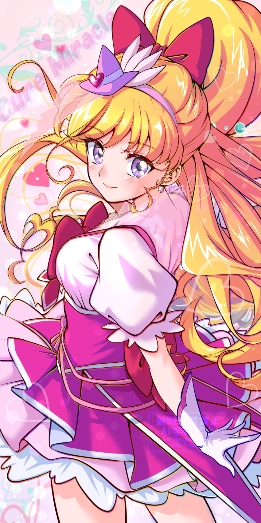 1girl absurdres asahina_mirai blonde_hair blush bow bowtie brooch character_name closed_mouth commentary_request cure_miracle dress earrings gloves hair_bow hairband hat heart highres jewelry kakikakilemon long_hair magical_girl mahou_girls_precure! mahou_girls_precure!!_mirai_days one_side_up partial_commentary pearl_earrings pink_hairband pink_hat precure puffy_short_sleeves puffy_sleeves purple_eyes red_bow red_bowtie short_sleeves solo two-tone_dress white_gloves witch_hat