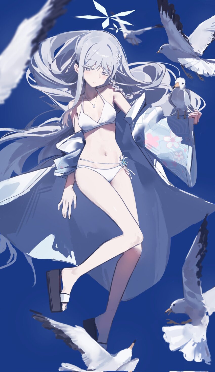 1girl bare_shoulders bikini bird blue_archive blue_background braid breasts collarbone grey_eyes hair_ornament halo highres jewelry long_hair loong_(loong_blo) nagusa_(blue_archive) nagusa_(swimsuit)_(blue_archive) navel necklace platform_sandals sandals seagull single_braid small_breasts snowflake_hair_ornament snowflake_halo stomach swimsuit white_bikini white_hair white_halo